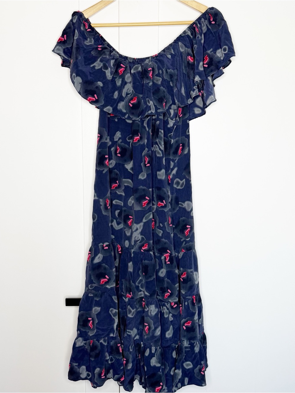 Rebecca Minkoff off-the-shoulder silk maxi dress 6 blue pink ruffle cottagecore
